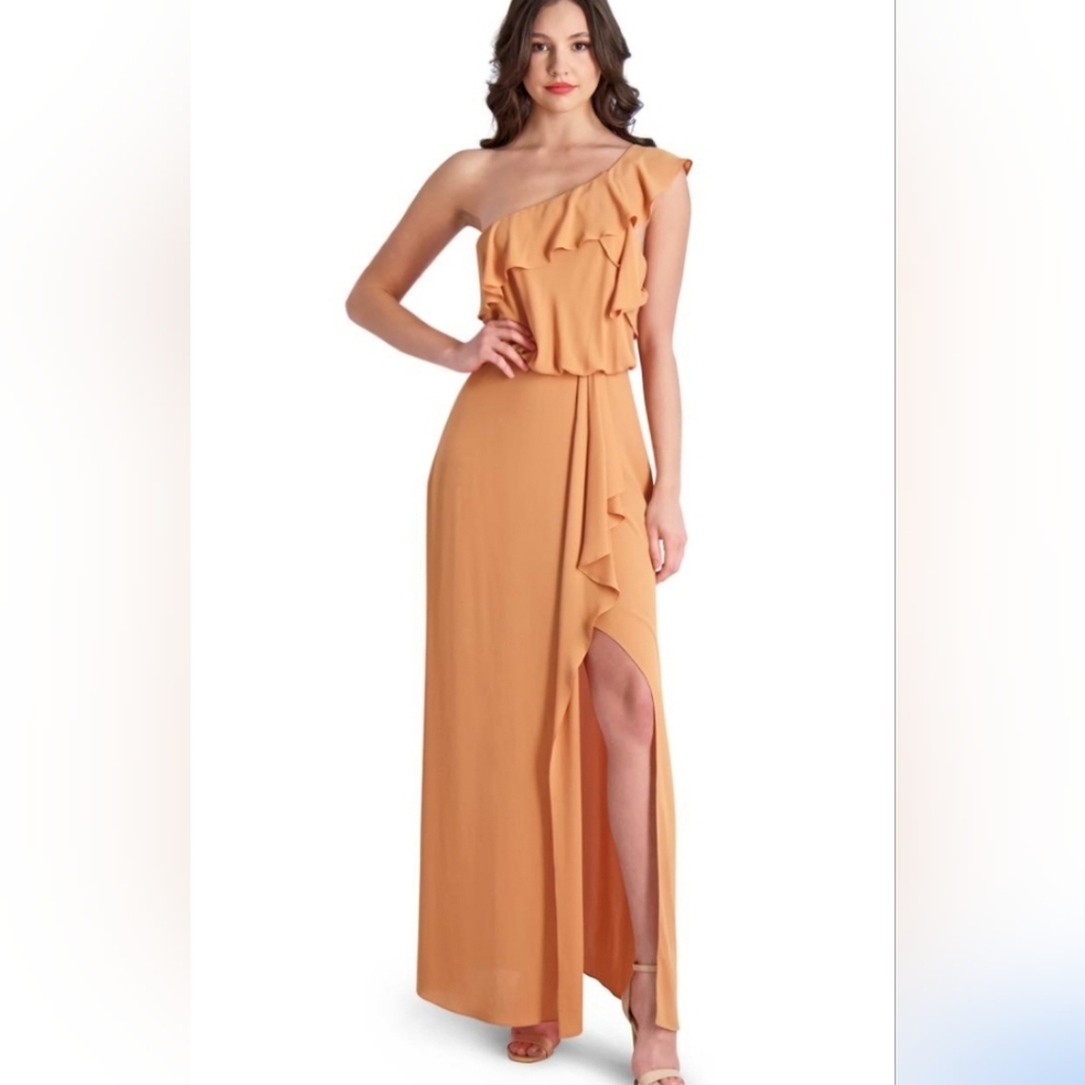 New Bcbgmazira Elegant One-Shoulder Ruffle Dress Color Sandstone Maxi